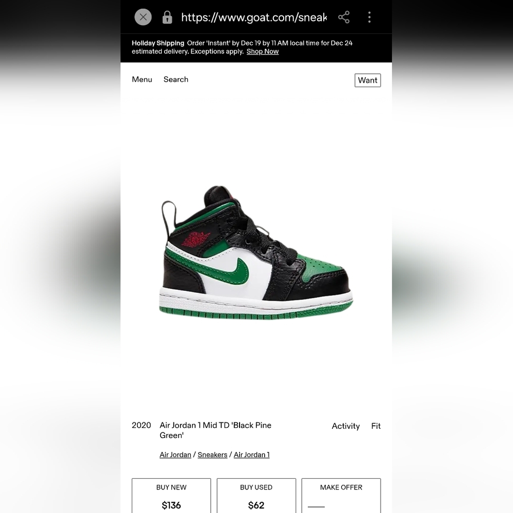 Air Jordan 1 Mid TD 'Black Pine Green'